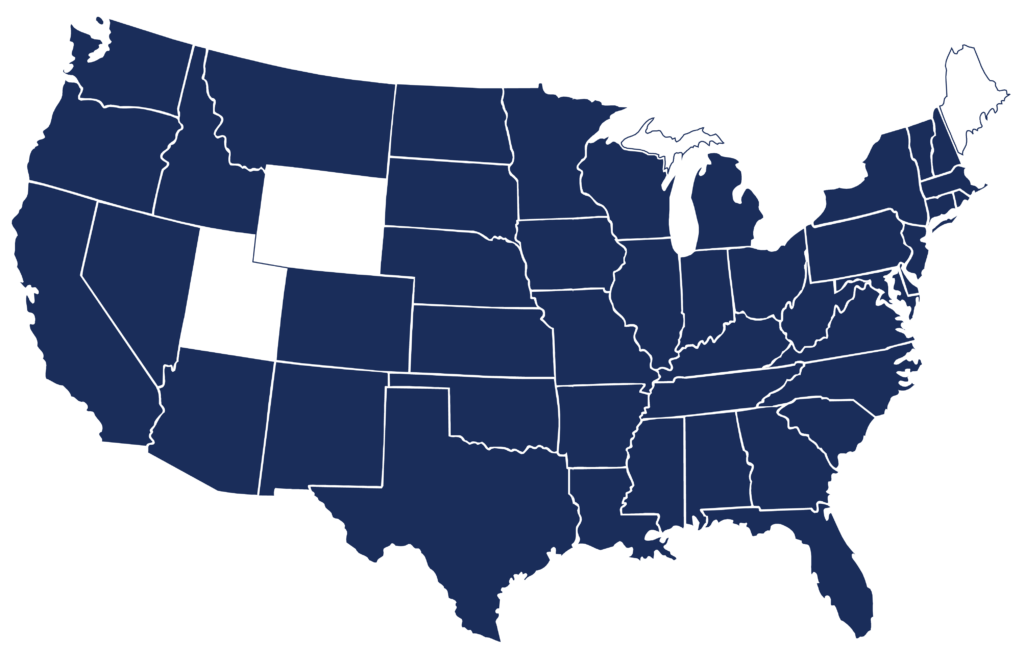 Map of the continental United States with the states Prosody Consulting has served filled in navy